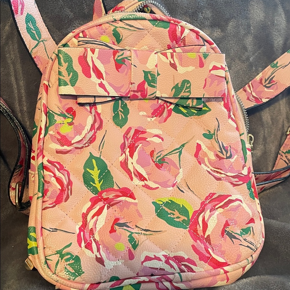 Betsey Johnson Bow Quilted Backpack Purse Pink Floral Vegan Leather Charm